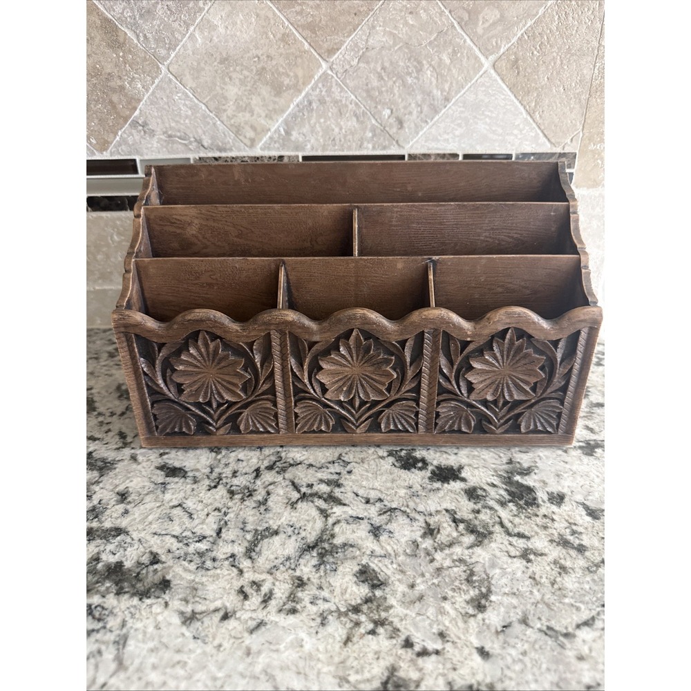 Vintage MCM Faux Carved Wood Mail Holder By Lerner Freestanding Or Hangable